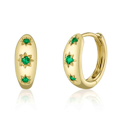 14K Yellow Gold Emerald Hoop Earrings