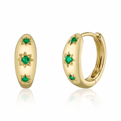 Emerald Starburst Dome Huggie Earrings in 14K Yellow Gold