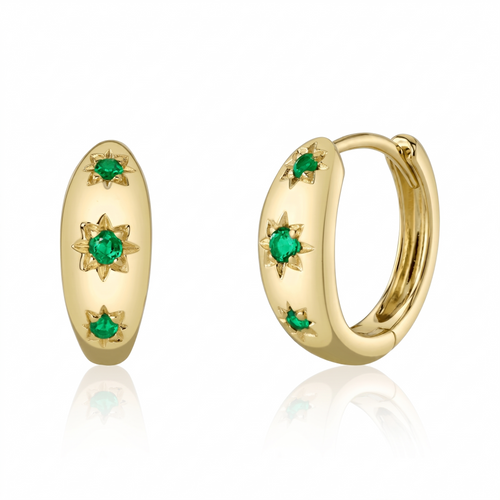 14K Yellow Gold Emerald Hoop Earrings