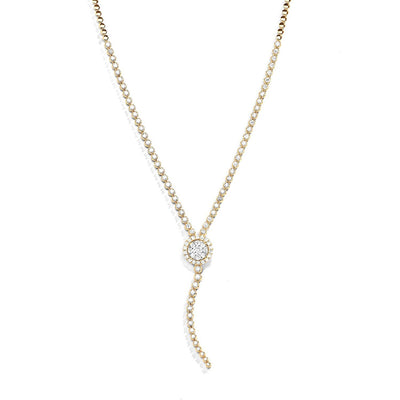 Diamond Lined with Round Halo Cluster Lariat Necklace in 14K Yellow Gold, 4.40cttw