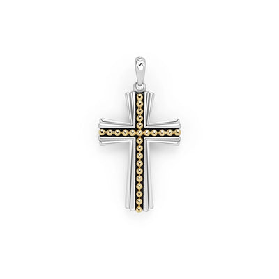 18K Yellow Gold and Sterling Silver Caviar Beaded Cross Amulet