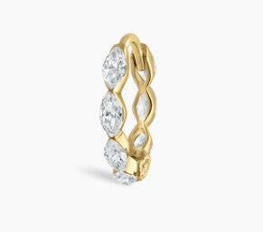 18K yellow gold invisible set diamond marquise eternity hoop earring.