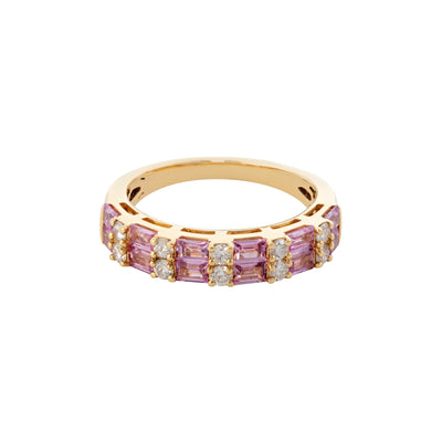 Diamond and Emerald-Cut Pink Sapphire Band Ring in 18K Yellow Gold, 1.49cttw