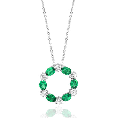 Oval Emerald and Round Diamond Circle Necklace In 14K White Gold