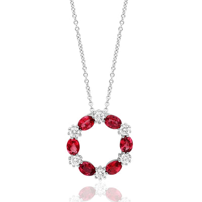 Round Diamond Oval-Cut Ruby Circle Necklace in 14K White Gold, 1.48cttw