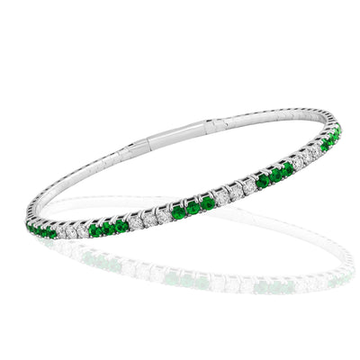 Round Emerald and Diamond Bangle Bracelet In 18K White Gold