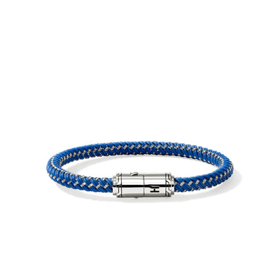 Blue Rubber and Stainless Steel Cord Bracelet with Sterling Silver Clasp, 8.25"