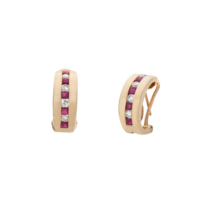 ESTATE 14K YELLOW GOLD RUBY AND DIAMOND HOOP CLIP EARRINGS