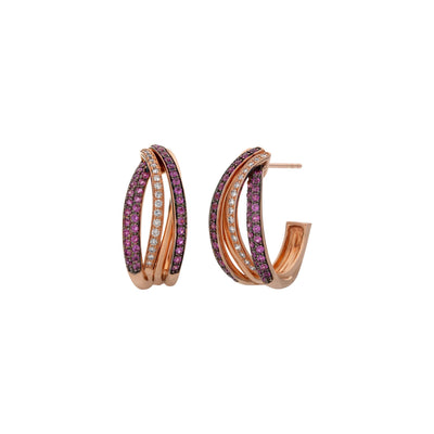 14K Rose Gold Ruby and Diamond Hoop Earrings