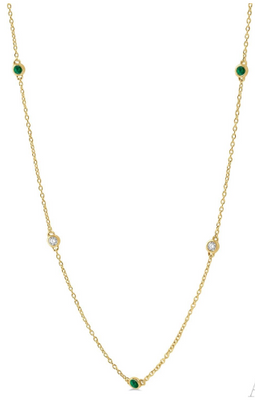 Emerald and Diamond Alternating Bezel Stations Necklace in 14K Yellow Gold, 0.79cttw