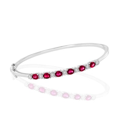 Alternating Oval Ruby and Round Diamond Bracelet in 14K White Gold, 2.08cttw