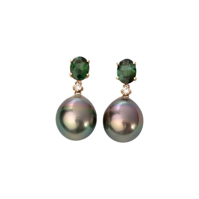 Oval Green Tourmaline, Diamond, and Tahitian Pearl Drop Earrings in 14K Yellow Gold, 2.11cttw