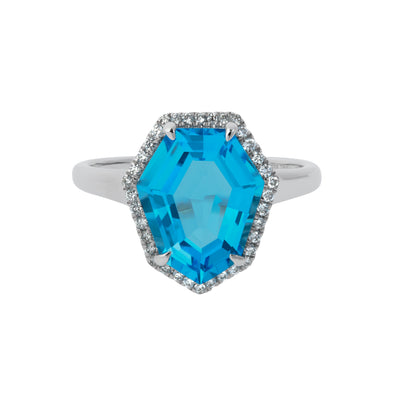 Diamond Halo Blue Topaz Frieda Ring in 14K White Gold, 5.00cttw
