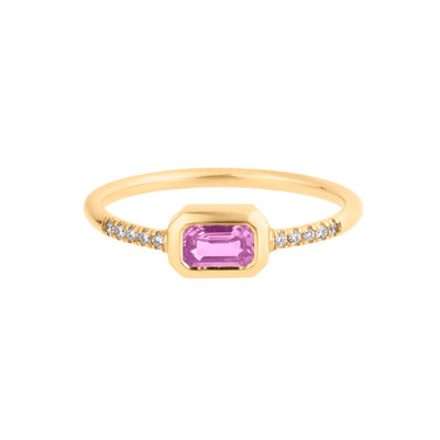 Emerald-Cut Bezel-Set Pink Sapphire and Diamond Ring in 14K Yellow Gold, 0.38cttw