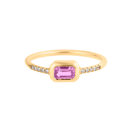 Emerald-Cut Bezel-Set Pink Sapphire and Diamond Ring in 14K Yellow Gold, 0.38cttw