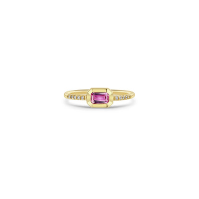 Emerald-Cut Bezel-Set Pink Sapphire and Diamond Ring in 14K Yellow Gold, 0.38cttw