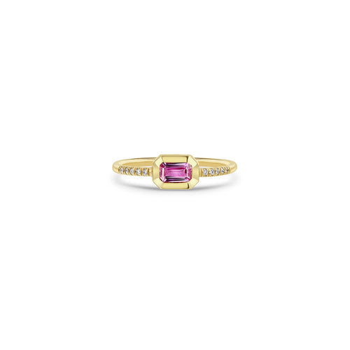 Emerald-Cut Bezel-Set Pink Sapphire and Diamond Ring in 14K Yellow Gold, 0.38cttw