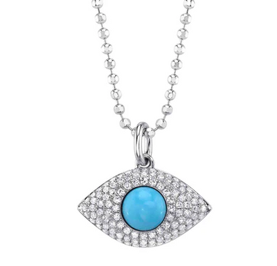 Diamond and Turquoise Evil Eye Necklace in 14K White Gold, 0.72cttw