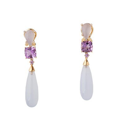 Diamond, Amethyst, Purple Sapphire, and Chaldedony Drop Earrings in 14K Yellow Gold, 23.04cttw