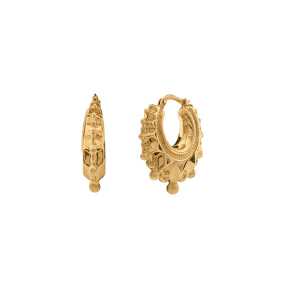 ESTATE Vintage Carved Textured Sun Ray Hoop Earrings in 14K Yellow Gold