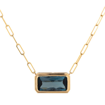 Bezel-Set Emerald-Cut London Blue Topaz Paperclip Chain Necklace in 18K Yellow Gold, 10.62cttw