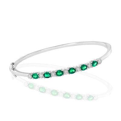 Diamond and Green Emerald Oval Bangle Bracelet in 14K White Gold, 1.62cttw