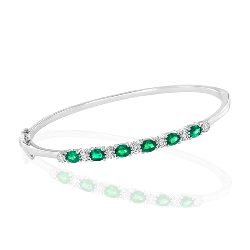 Diamond and Green Emerald Oval Bangle Bracelet in 14K White Gold, 1.62cttw