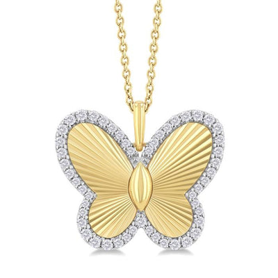 Diamond-Lined, Fluted Butterfly Pendant Necklace in 14K White & Yellow Gold