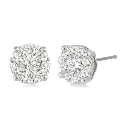 Diamond Cluster Stud Earrings in 14K White Gold, 1.00cttw
