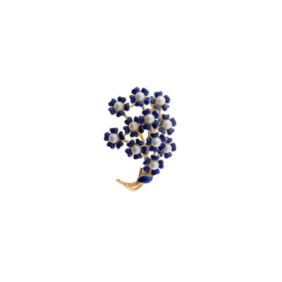 ESTATE Corletto Cultured Pearl and Enamel Dark Blue Flower Brooch in 18K Yellow Gold