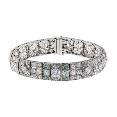ESTATE Art Deco Platinum, Diamond and Emerald Bracelet, 6.75 Inches Long