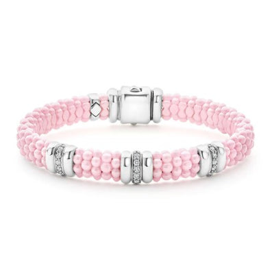 Pink Three Station Diamond Caviar Bracelet | 9mm