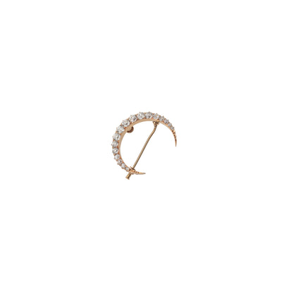 ESTATE Victorian Diamond Crescent Moon Brooch in 14K Rose Gold, 1.25 Inches by 1 Inch