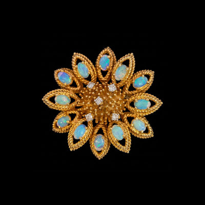 Estate La Triomphe | 18K Yellow Gold Opal & Diamond Flower Pendant/Brooch, 1.95cttw