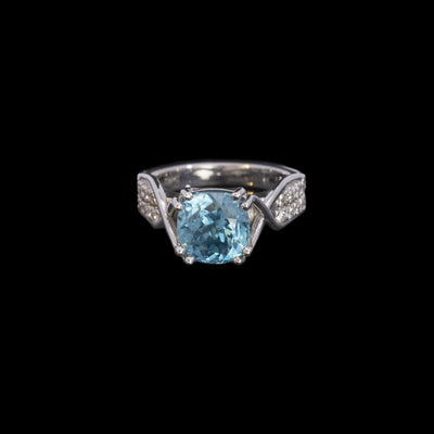 Tapper's Estate Collection | 18K White Gold Cushion Blue Zircon Gemstone Ring With Diamond Band, 5.51ct