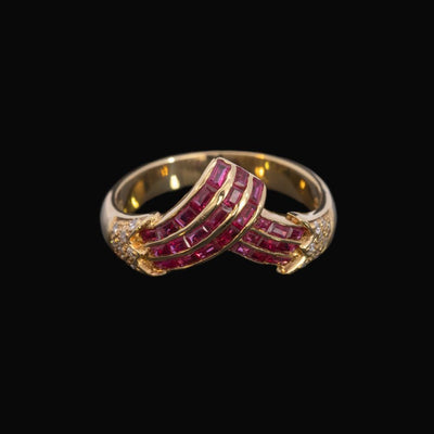 Tapper's Estate Collection | 18K Yellow Gold Mixed Cut Ruby V Band With Diamonds, 0.60cttw