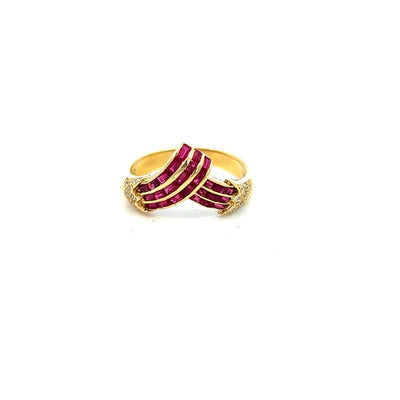 Tapper's Estate Collection | 18K Yellow Gold Mixed Cut Ruby V Band With Diamonds, 0.60cttw