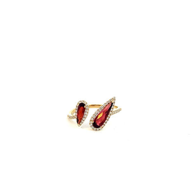 Tapper's Estate Collection | 14K Yellow Diamond Halo Pear Garnets Open Cuff Ring, 1.23cttw