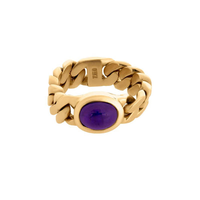 Tapper's Estate Collection | 18K Yellow Bezel-Set Cabochon Amethyst Gemstone Curb Chain Ring, 1.35ct