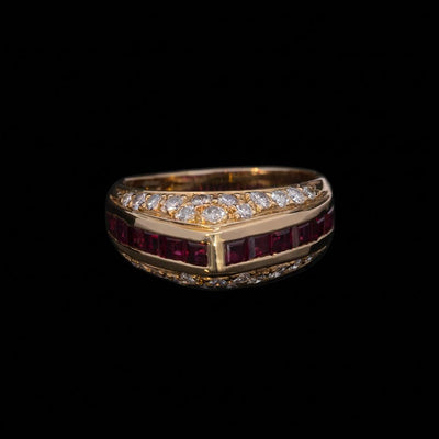 Tapper's Estate Collection | 18K Yellow Gold Pavé Diamond And Square Ruby Channel Pyramid Ring, 1.75cttw