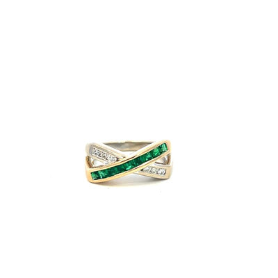 Tapper's Estate Collection | 14K Yellow & White Gold Square  Emerald & Round Diamond Crossover Ring, 0.50cttw