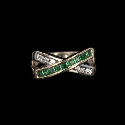 Tapper's Estate Collection | 14K Yellow & White Gold Square Emerald & Round Diamond Crossover Ring, 0.50cttw