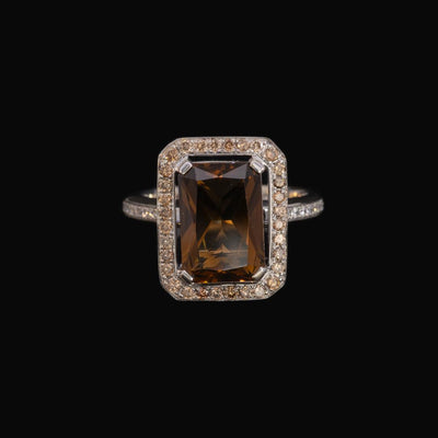Tapper's Estate Collection | 18K White Gold Smoky Quartz Fancy Cognac & White Diamond Halo Ring