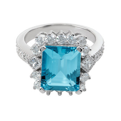 Estate Diamond Halo Emerald-Cut Aquamarine Ring in 18K White Gold, 4.10cttw