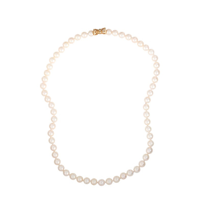 Estate Diamond Bow Clasp Cultured Akoya Pearl Necklace in 14K Yellow Gold, 7.0-7.5MM