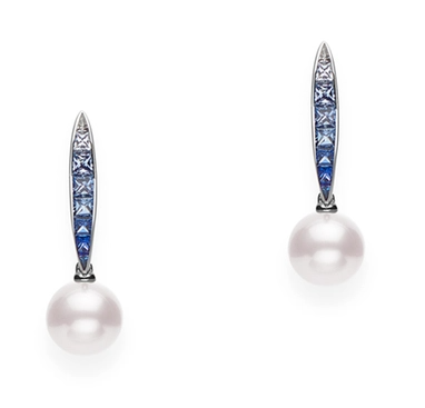 Cultured Pearl and Blue Ombré Sapphire Drop Earrings in 18K White Gold, 8MM