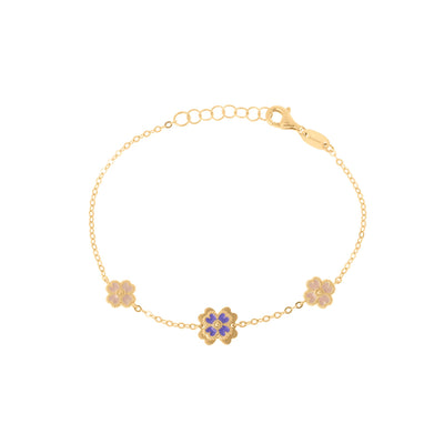 Purple and Light Pink Enamel Flower Bracelet in 14K Yellow Gold