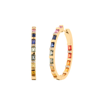 Rainbow Sapphire and Diamond Hoop Earrings in 14K Yellow Gold, 2.38cttw