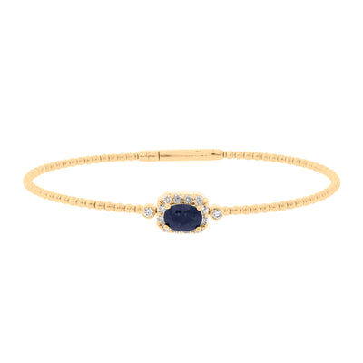 Centered Oval-Cut Sapphire and Diamond-Halo Flex Bangle Bracelet in 14k Yellow Gold, 1.63 cttw