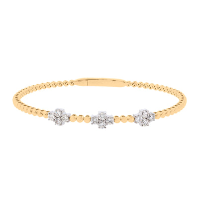 Triple Diamond Flower Cluster Beaded Flex Bangle Bracelet in 14K Yellow Gold, 0.99 cttw